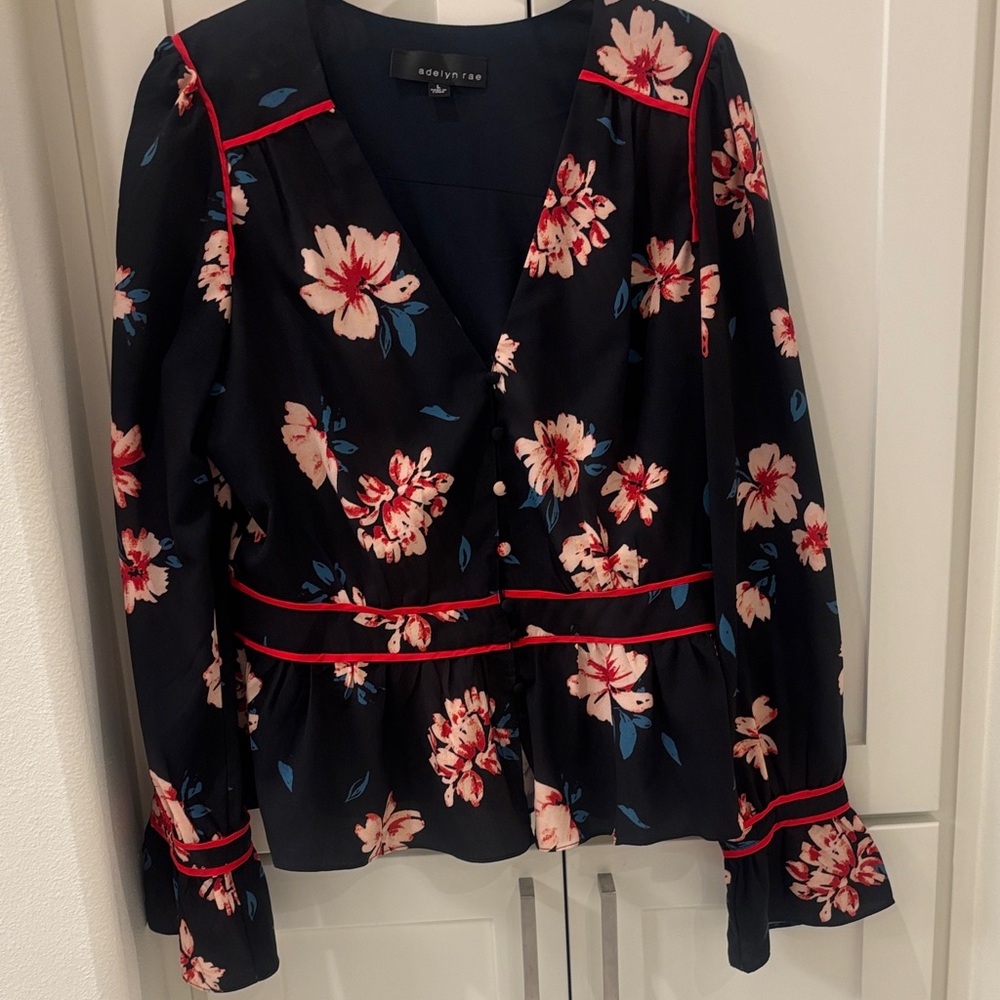 Adelyn Rae Navy Floral V-Neck Blouse